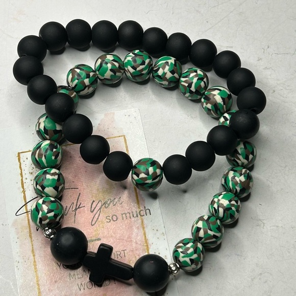 Black Matte & Green Mosaic Bead Bracelet Set - Picture 1 of 3